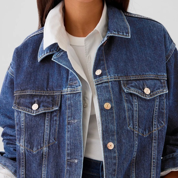 GAP OVERSIZED ICON DEMIN JACKET SZ PETITE LARGE IN MEDIUM BLUE INDIGO - Picture 4 of 9